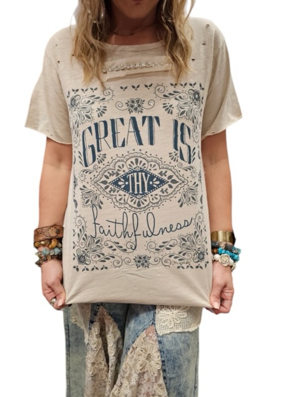 NWT A Rare Bird “Great Is Thy Faithfulness” Tattered Tan Tee Small/ Medium $56